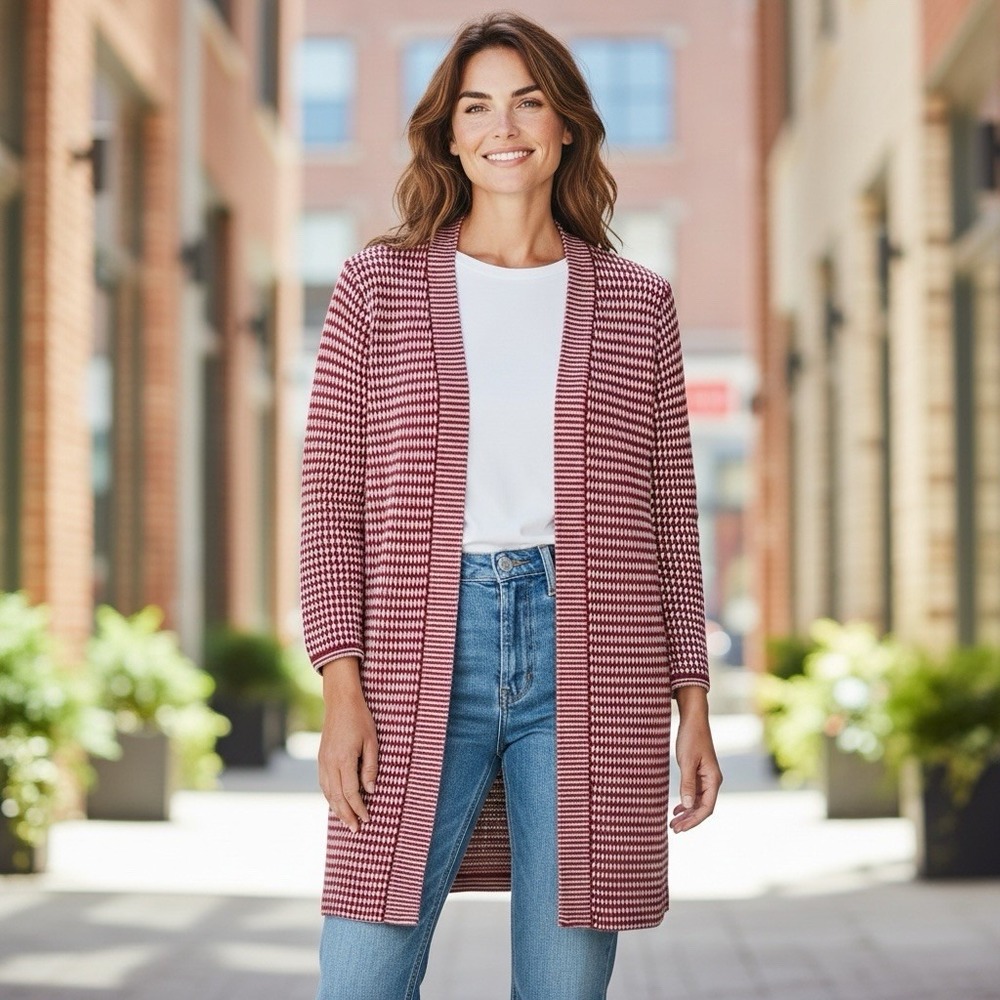 Talbots Women's 3X Basket Weave Pure Merino Wool Open Cardigan Sweater Long Red